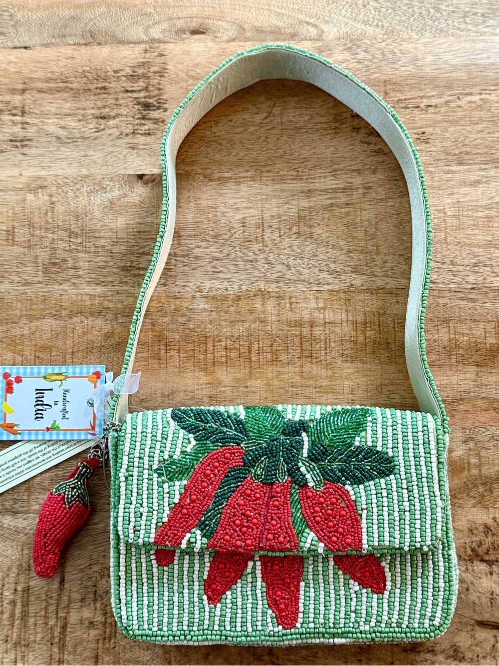 NWT Viral TikTok Beaded Red Hot Chili Pepper Shoulder Purse Bag - Green & Red